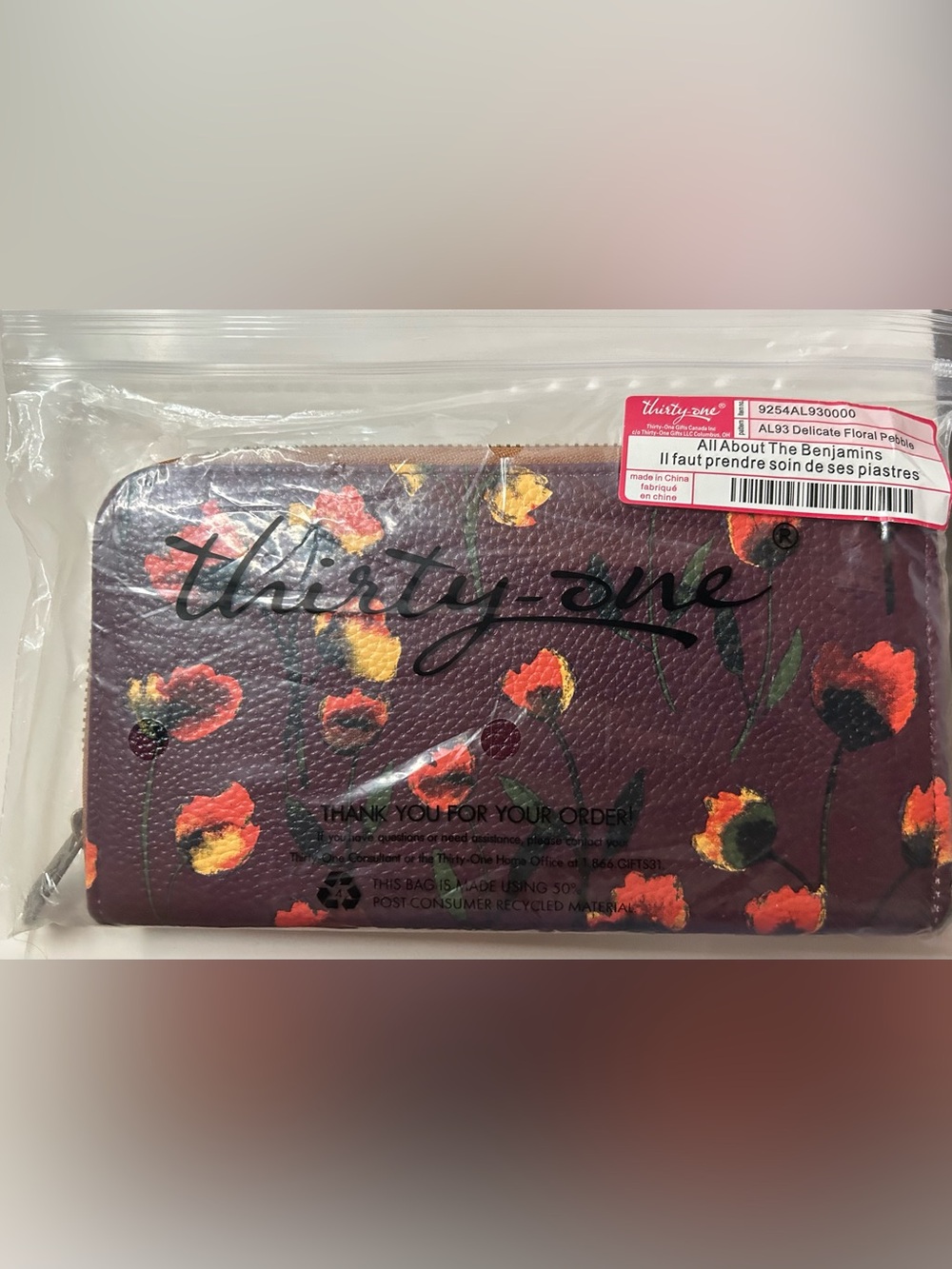 thirty-one Floral Zip Wristlet in Burgundy with Red and Yellow Flowers